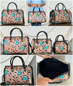Chic Attire Women's Hand-Tooled Floral Genuine Leather 15-Inch Turquoise Leaf Design Lightweight Durable Eco-Friendly <b>Duffel</b> <b>Bag</b> - Product Image 3
