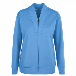 Blouse médicale OEM B2B en gros pour femmes, avec fermeture éclair intégrale, col en V en maille extensible, logo personnalisé et ceinture côtelée - Product Image 6