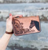 Gelang kulit Tooled yang indah desain kuda buatan tangan ritsleting atas saku perkakas yang kompleks tali tangan dompet multifungsi