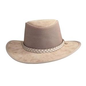 Sombrero de Vaquero de Cuero con Corona de Malla Beige, Transpirable, Estilo Occidental, Banda de Gamuza Trenzada, Unisex, Ala Ancha, para Verano, Deportes, Adultos - Product Image 1