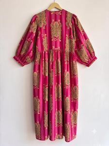 Pink Animal Print Maxi <b>Dress</b> With Puff Sleeves <b>Loose</b> Fit O-Neck Casual Summer <b>Dress</b> Breathable Woven Fabric - Product Image 1