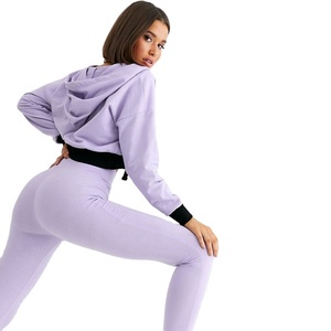 High Quality Wholesale Women's Zipper Crop Top Hoodie With Joggers Pants <b>Tracksuit</b> Set - Product Image 1