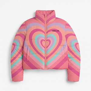 Women's Colorful Heart <b>Belted</b> Puffer Coat Hooded Quilted Winter Jacket Custom Sublimation Warmer Padded Outdoor Casual Outerwear - Product Image 4