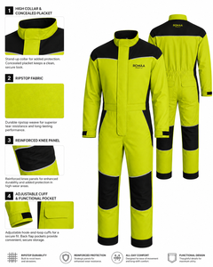 Lime Yellow Black Ripstop Hi Visibility <b>Waterproof</b> Anti-Bacterial Work Coverall Heavy Duty Industrial Reinforced Knee Panels - Product Image 3