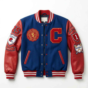 Veste de baseball vintage rouge et bleue pour homme, 100% laine, avec broderie de patchs en chenille, style varsity. - Product Image 1