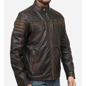 Gemini a déclaré : « MICAH CORPORATION : Blouson de motard vintage en cuir marron foncé vieilli pour homme, épaules et manches rembourrés, plusieurs fermetures éclair » - Product Image 1