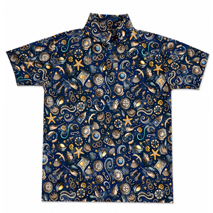 Camisa Polo con Estampado Náutico a Precio de Fábrica, Manga Corta, Cierre de Botones, Transpirable, 100% Poliéster, Ropa Casual de Golf, Patrón Azul y Dorado - Product Image 1