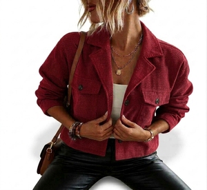 Chaqueta Corta de Pana Negra para Mujer, Estilo Camionero, con Cuello Vuelto, Bolsillos con Parches y Cierre de Botón Sencillo - Product Image 2