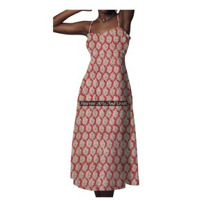 Nouvelle robe en coton à imprimé blocs, bretelles spaghetti, pour femmes, robe sans manches à bretelles spaghetti, coupe classique, pour occasions décontractées ou de bureau - Product Image 4