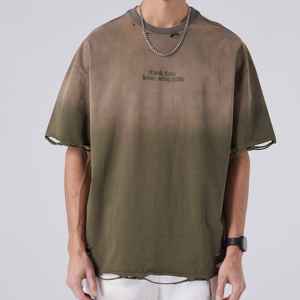 T-shirt décontracté surdimensionné en coton 100% lavé vert de haute qualité, style streetwear, effet usé, pour hommes - Product Image 3