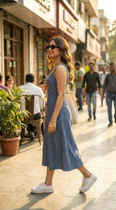 Robe midi décontractée d'été en lin et coton bleu, à fines bretelles, coupe ample, couleur unie, taille naturelle, sans manches - Product Image 5