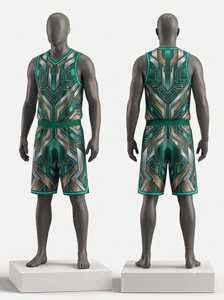 Ensemble de maillot de basket-ball à imprimé géométrique pour hommes, débardeur sans manches à col en V avec short à taille élastique, vêtements de sport respirants - Product Image 1