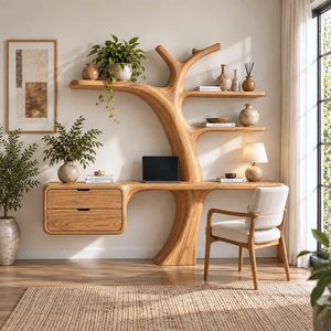Escritorio de Madera Contemporáneo de Lujo, Hecho a Mano, para Montar en la Pared, con Estantes en Forma de Árbol y Cajón, para Oficina en Casa - Product Image 1