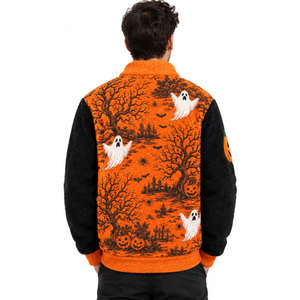 <b>Men's</b> Halloween Print Fleece Bomber <b>Jacket</b> Orange Ghost Pumpkin Design Zipper Front Casual Autumn Wear <b>Sherpa</b> Fleece <b>Jacket</b> - Product Image 4
