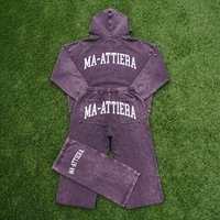 Ensemble survêtement streetwear pour femme en molleton de coton, comprenant un sweat à capuche oversize avec fermeture éclair et ceinture, et un pantalon de survêtement large, style vintage délavé, OEM ODM