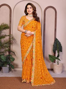 Sari con Estampado Bandhani de Diseñador y Borde Bordado |   Sari Étnico Tradicional Indio para Mujer |   Ropa Festiva para Fiestas - Product Image 2