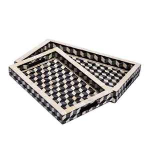 Plateau en bois fait main avec incrustations en os bleu et blanc, plateau de rangement de haute qualité pour la maison et l'hôtellerie, motif rond personnalisé - Product Image 2