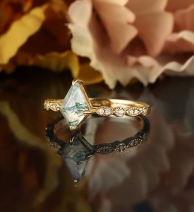 Kite Cut Moss Agate Bridal Engagement <b>Ring</b> <b>Sterling</b> <b>Silver</b> Gold Plated Luxury Geometric Nature Inspired Prong <b>Set</b> Certified - Product Image 3