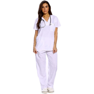 Ensemble de blouses médicales pour femmes, col en V, manches courtes, pantalon, tissu en coton, couleur personnalisée - Product Image 1