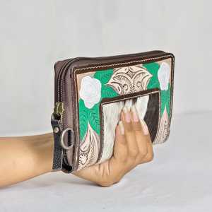 Elegante Bolso de Mano Estilo Western con Parche Floral, de Cuero Vacuno Vintage, con Cremallera y Grabado a Mano, Multifuncional, Tipo Cartera de Muñeca - Product Image 3