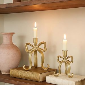 Gold Bow Taper Candle Holders Set of 2 Vintage <b>Cast</b> Iron Heavy Duty Candlestick Holders For Christmas Decoration - Product Image 2