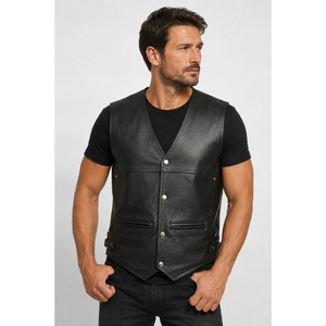 Gilet de motard en cuir de vachette véritable personnalisé pour homme, noir, avec boutons-pression, gilet de moto classique, gilet de club cruiser - Product Image 6