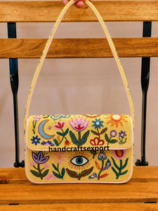 Bolso de Hombro Bohemio con Bordado de Cuentas y Diseño Floral para Mujer, Correa Única, Hecho a Mano, Ecológico, Amarillo - Product Image 3