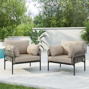 Set di 2 sedie lounge in ferro beige da 36 pollici con design in corda intrecciata e cuscini morbidi per il relax all'interno e all'esterno - Product Image 2