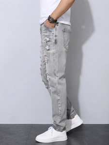 Jeans de Hombre, Corte Recto, Lavado Claro, Cintura Media, Ajuste Regular, Mezclilla de Algodón, Desgastados, Estilo Casual, Ecológicos, Otoño Invierno - Product Image 2