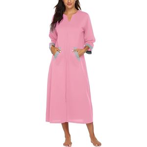 Bata de mujer con cremallera, manga 3/4, estilo loungewear, largo completo, con bolsillos, para dormir, camisón, albornoz largo - Product Image 1