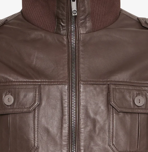 Men's <b>Brown</b> PU <b>Leather</b> Moto Biker <b>Jacket</b> Stand Collar Zipper Closure Epaulet Pockets Autumn Wear - Product Image 3