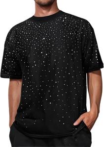 เสื้อยืดผู้ชายสีดำประดับเพชร เสื้อผ้าสตรีทแวร์ประดับเพชรระยิบระยับ แขนสั้นระบายอากาศได้ดี เสื้อแฟชั่นสำหรับออกงานกลางคืน - Product Image 4