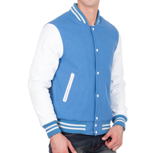 Mens Sky Blue Varsity Jacket White Sleeves Letterman Bomber Jacket Casual Baseball Style High School College Fashion <b>Winter</b> <b>Coat</b> - Product Image 2