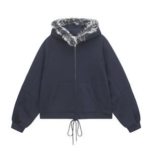 Oversized Zip-Up Hoodie With Faux Fur <b>Lined</b> Hood And Drawstring Waist Unisex Casual <b>Sweatshirt</b> Solid Color <b>Fleece</b> Autumn Wear - Product Image 2