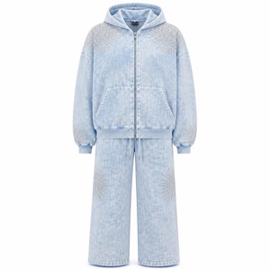 Ensemble de survêtement unisexe bleu clair coupe-vent en polaire 2-en-1 avec capuche, fermeture éclair, manches longues, coupe décontractée et poches latérales - Product Image 1