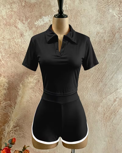 Summer Turn-down Collar Striped Knee Button Eco-Friendly Knitted Pajama Set Breathable Regular-Fit Casual Sporty Short Women - Product Image 1
