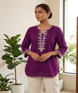 Kurta traditionnelle en coton pour femmes avec broderie, coupe ample, vêtements décontractés, style Inde Pakistan, toutes saisons 86845 BLUESTAR- BS...177 - Product Image 1