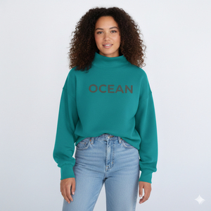 Sweat-shirt à col roulé pour femme, couleur turquoise, imprimé océan, coupe classique, tricot en coton, manches longues, vêtement d'automne - Product Image 1