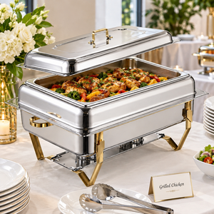 Plat de service rectangulaire en acier inoxydable grand format avec poignées et pieds dorés, et couvercle amovible pour buffet et maintien au chaud des aliments - Product Image 2