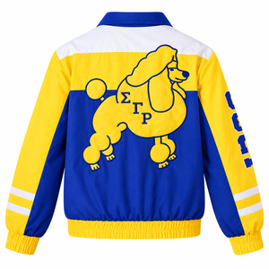 Chaqueta Cortavientos Azul Rey, Amarillo y Blanco con Cremallera Completa, Diseño de Poodle Bordado, Bloques de Color, Ligera, Informal - Product Image 4