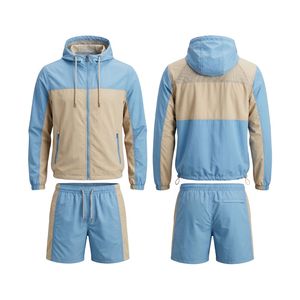 Ensemble de survêtement homme en nylon et polyester léger, veste et short, deux pièces, color block bleu beige, coupe-vent - Product Image 1