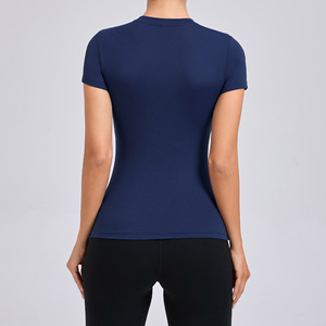 <b>Women</b> Multi Color Slim Fit Yoga Short Sleeves Shirt Casual Round Neck Running <b>Top</b> Female Loose Lower Back Sports T-Shirts - Product Image 5