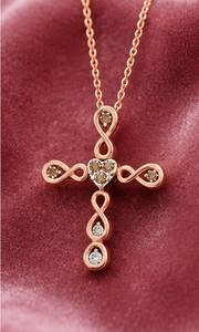 925 Sterling Silver Rose <b>Gold</b> Plated <b>Infinity</b> Cross Pendant <b>Necklace</b> with Heart Detail & Cubic Zirconia | Religious Jewelry - Product Image 4