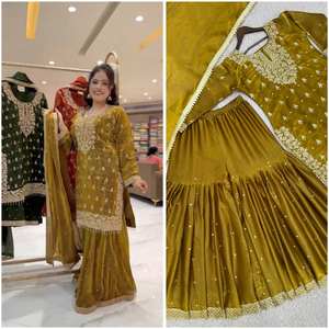 Conjunto de traje Sharara de seda pura GMY para mujer con bordado y dupatta con borde de encaje – Ropa étnica de diseñador para bodas y festividades - Product Image 2