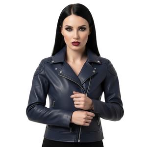 <b>Womens</b> Navy Blue Motorbike Leather Jacket Bulk Sale Custom Design Genuine Leather Biker <b>Coat</b> Professional Ladies Fashion - Product Image 1