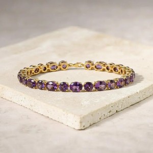 Pulsera de Amatista Natural en Plata de Ley 925 Chapada en Oro, Elegante Gema Púrpura, Joyería de Lujo, Piedra de Nacimiento de Febrero - Product Image 1