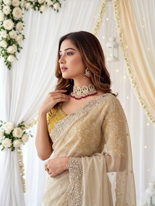 AARA Fashion Cream Silk Saree with <b>Gold</b> Embroidery and Yellow <b>Blouse</b> for Wedding Women Traditional Floor Length India Pakistan - Product Image 2
