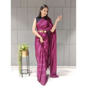 PARTY WEAR SATIN SEDA LISTO PARA USAR SAREE CON BLUSA DESCOSTADA VINO - Product Image 1