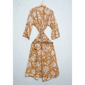 Albornoz de lujo 100% algodón, largo hasta el suelo, lavable, transpirable, para mujer, tipo kimono, con estampado a mano y cintura natural. - Product Image 2