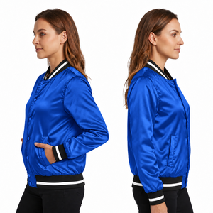 Chaqueta Varsity Azul Rey para Mujer, Satinada, Cortavientos, Transpirable, Manga Larga, Cuello Camisero, Ribete en Contraste, Corte Regular, Ropa de Invierno - Product Image 6
